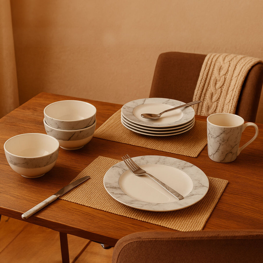 Orsina Avie 16-Piece White and Grey Marble Effect Ceramic Dinner Set