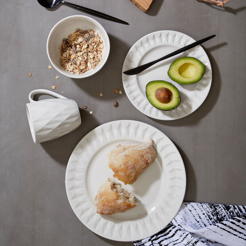 Orsina Avie 16 Pc White Porcelain Embossed Geo Dinnerware Set