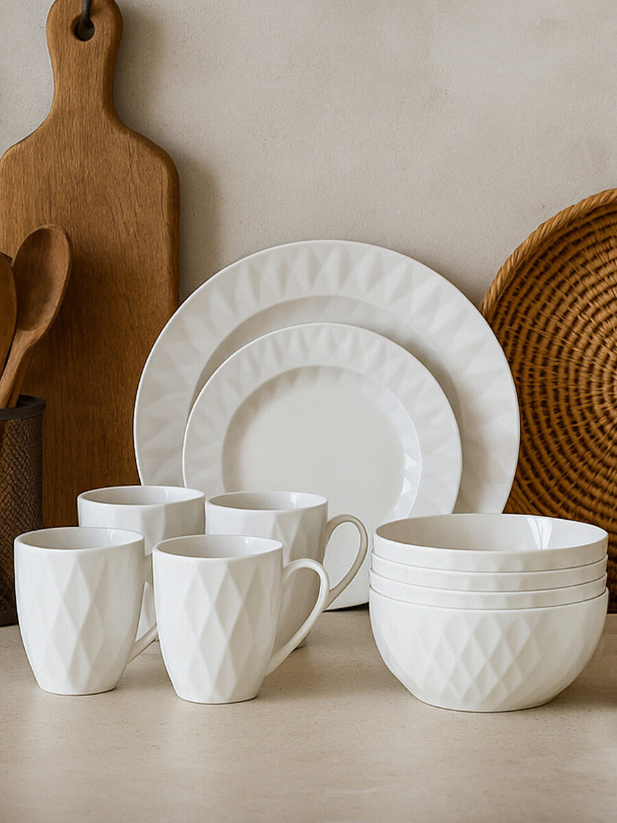 Orsina Avie 16 Pc White Porcelain Embossed Geo Dinnerware Set