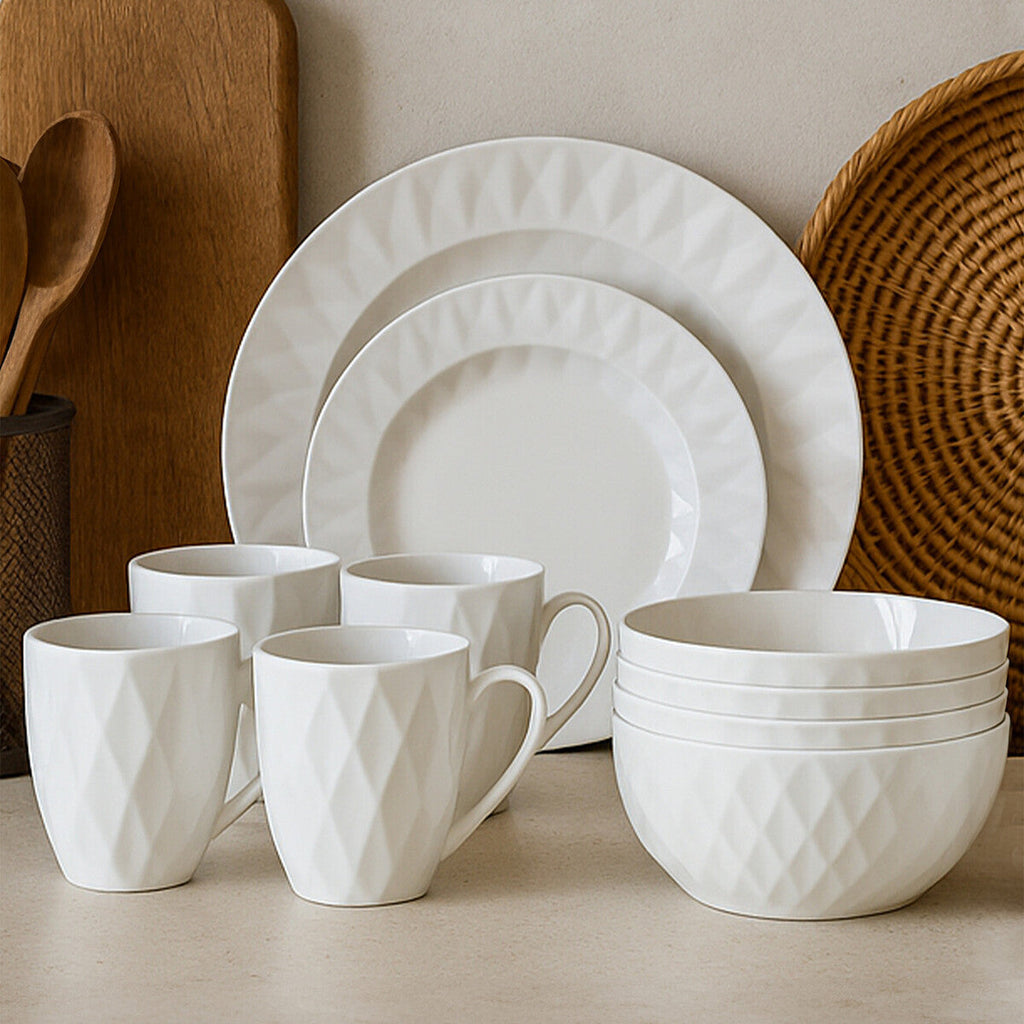 Orsina Avie 16 Pc White Porcelain Embossed Geo Dinnerware Set