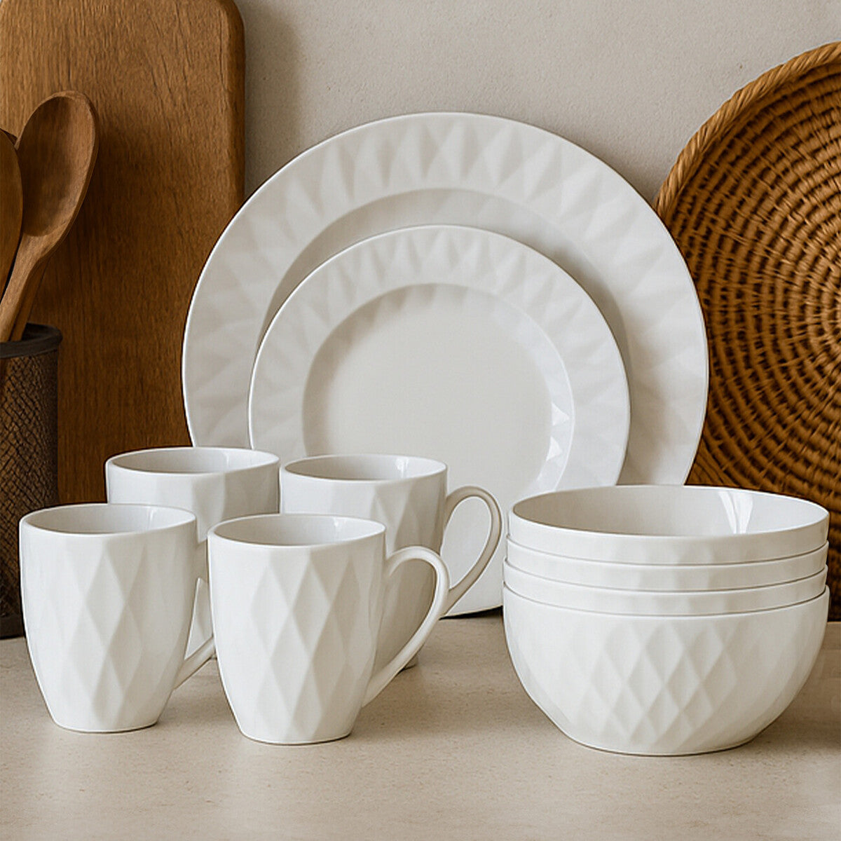 Orsina Avie 16 Pc White Porcelain Embossed Geo Dinnerware Set