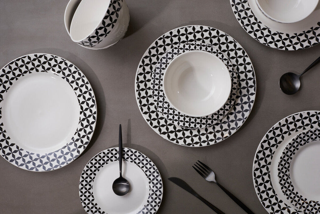 Orsina Avie 12-Piece Windmill Dinner Set – Black & White Ceramic