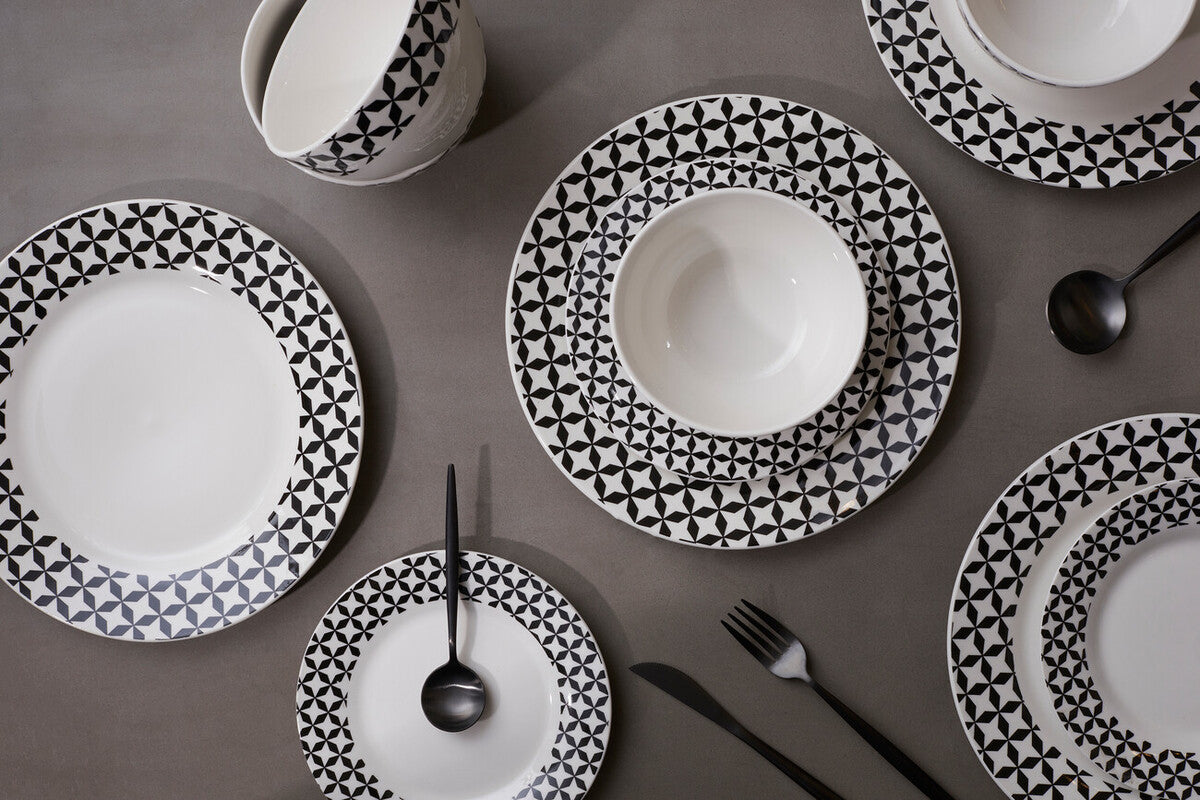 Orsina Avie 12-Piece Windmill Dinner Set – Black & White Ceramic