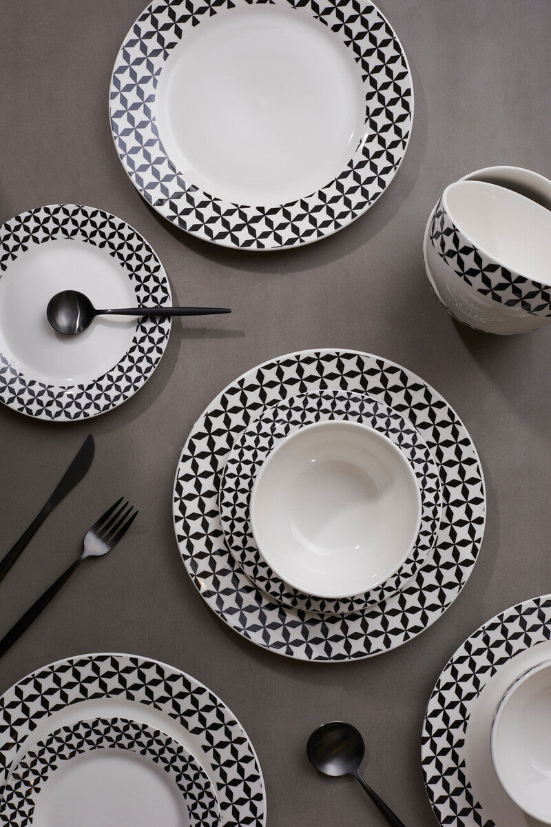 Orsina Avie 12-Piece Windmill Dinner Set – Black & White Ceramic