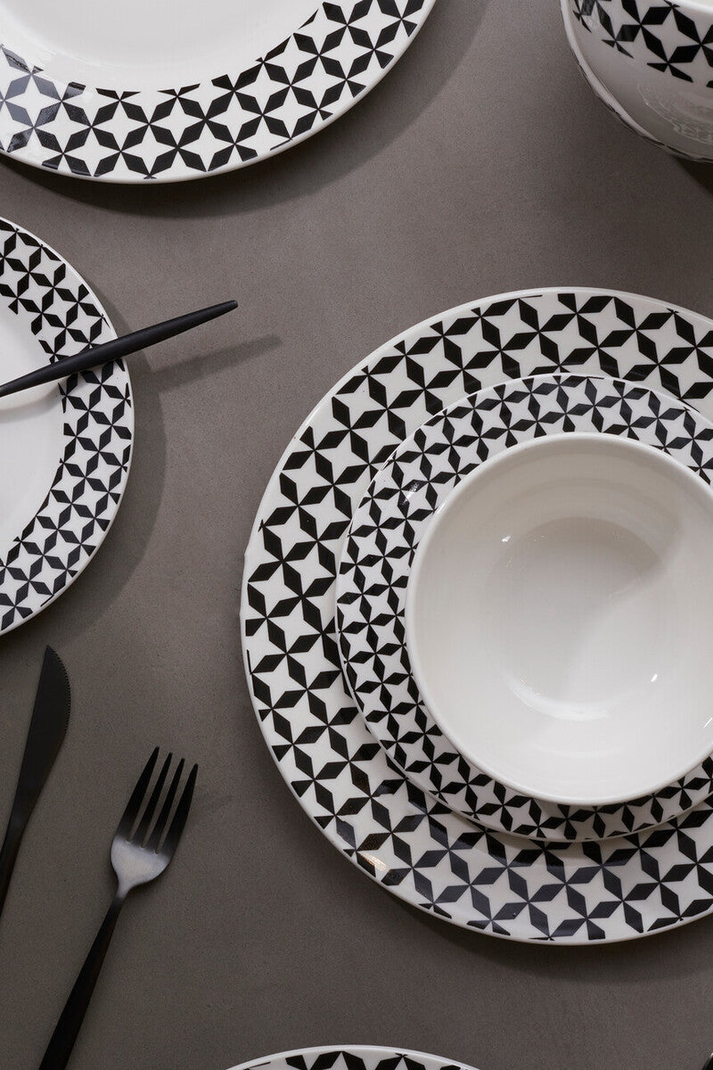 Orsina Avie 12-Piece Windmill Dinner Set – Black & White Ceramic