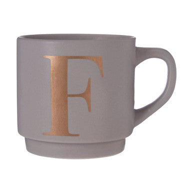Orsina Signet Grey Monogram Mug – Initial F Stackable Ceramic Coffee Cup