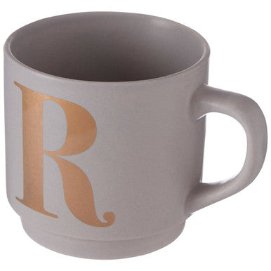 Orsina Signet Grey Monogram Mug – Stackable Ceramic Coffee Cup, Letter R