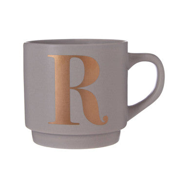 Orsina Signet Grey Monogram Mug – Stackable Ceramic Coffee Cup, Letter R