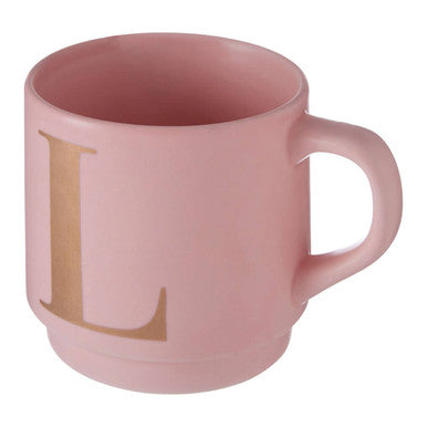 Orsina Signet Monogram Mug – Pink Stackable Ceramic Cup with Gold Letter L