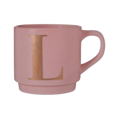 Orsina Signet Monogram Mug – Pink Stackable Ceramic Cup with Gold Letter L