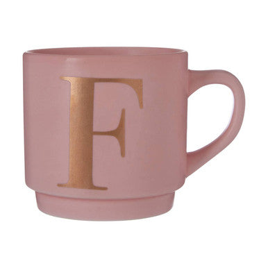 Orsina Monogram Mug – Initial F Pink Stackable Ceramic Coffee Cup