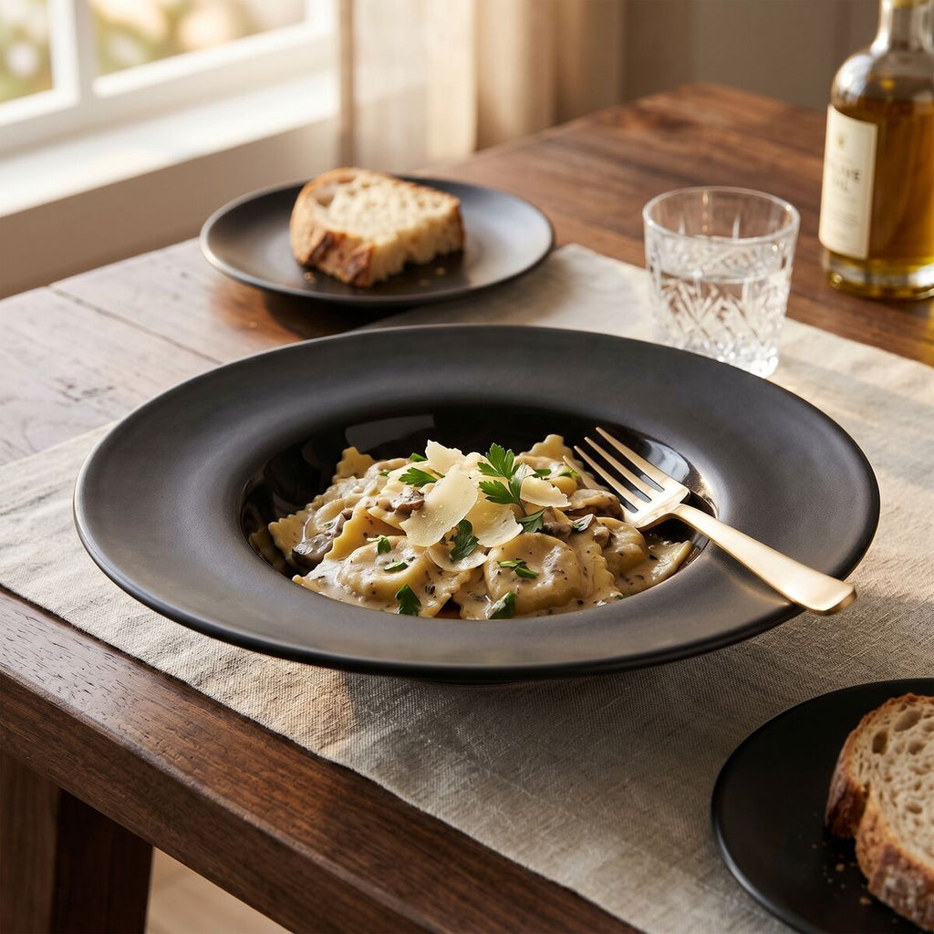 Orsina Hygge Black Pasta Bowl – Handcrafted Ceramic Shallow Rimmed Bowl