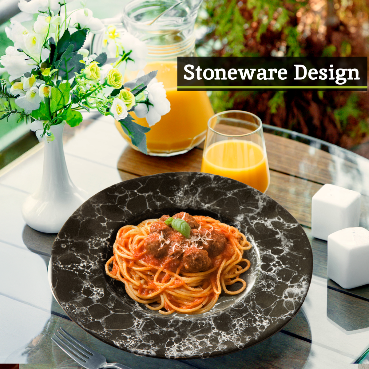 Orsina Hygge Black Marble Effect Pasta Bowl – Modern Artisan Stoneware