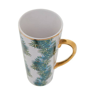 Orsina Winter Palm Latte Mug – Tall Ceramic Coffee Cup with Gold Trim