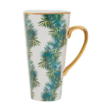 Orsina Winter Palm Latte Mug – Tall Ceramic Coffee Cup with Gold Trim