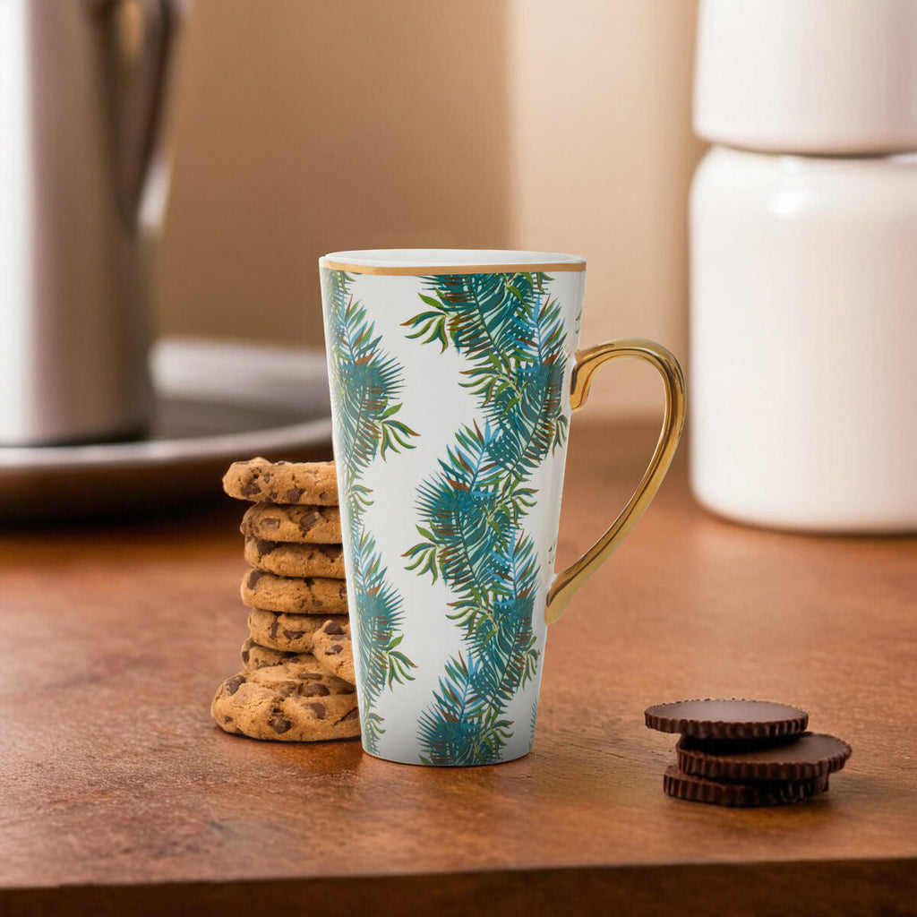Orsina Winter Palm Latte Mug – Tall Ceramic Coffee Cup with Gold Trim
