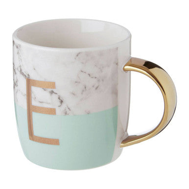 Orsina Monogram Mug – Letter E Green Marble Effect Ceramic Coffee Cup