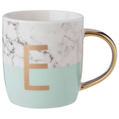 Orsina Monogram Mug – Letter E Green Marble Effect Ceramic Coffee Cup