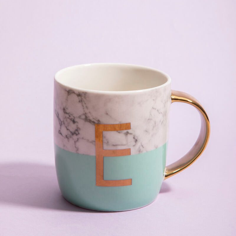 Orsina Monogram Mug – Letter E Green Marble Effect Ceramic Coffee Cup