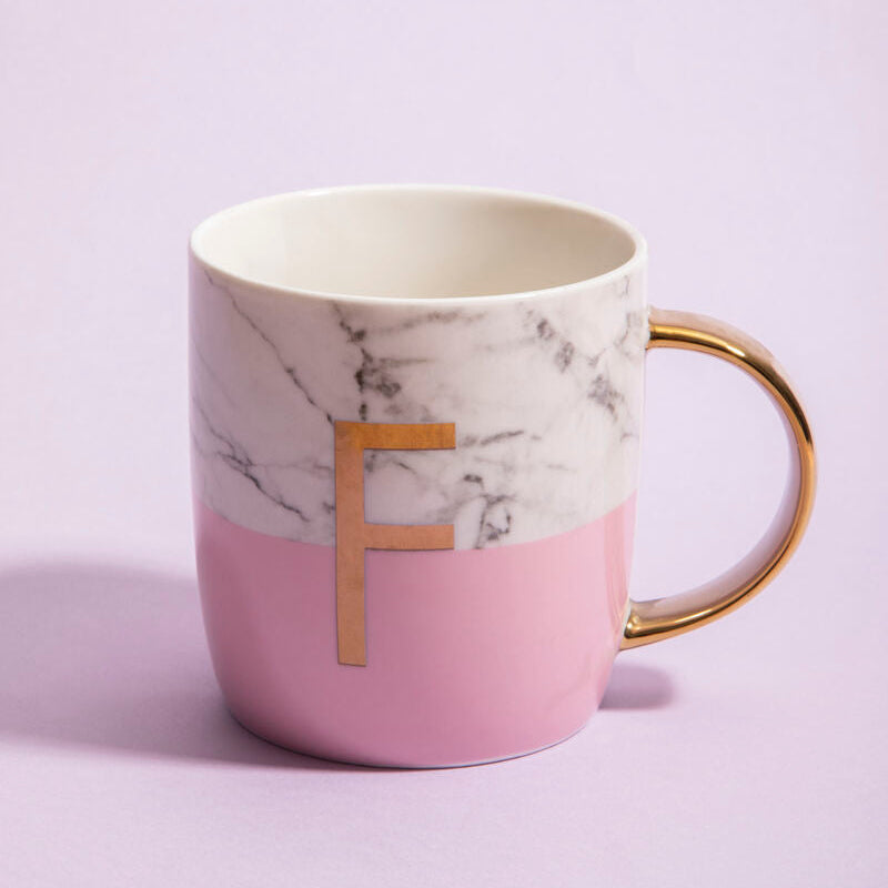 Orsina Monogram Mug – Letter F Frosted Marble and Pink Personalised Cup