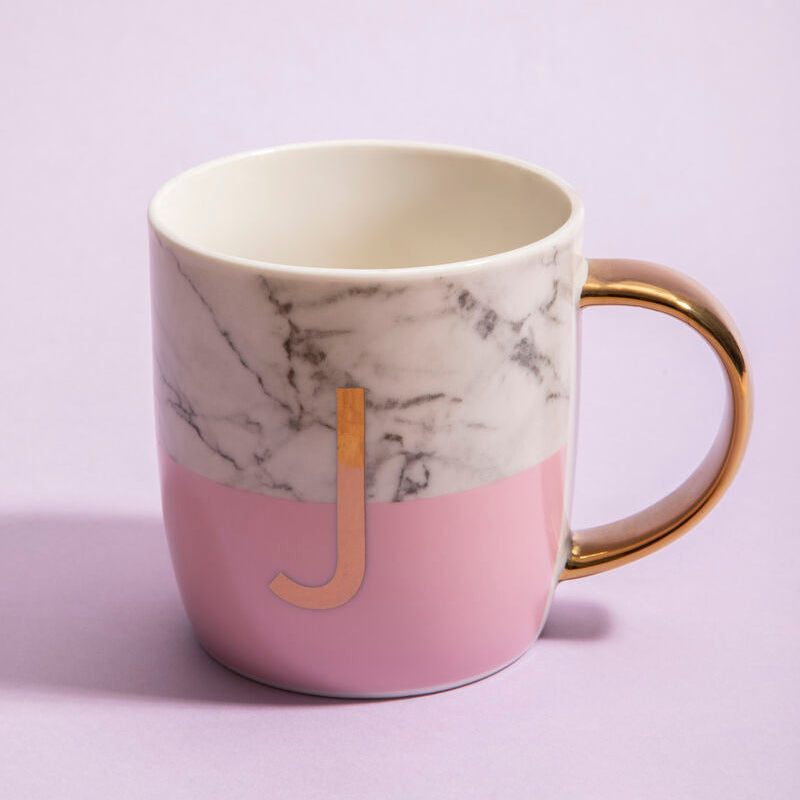 Orsina Monogram Mug – Frosted Marble Effect and Pink Initial J Cup