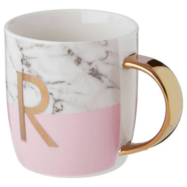 Orsina Monogram Mug – Frosted Marble and Pink Initial R Coffee Cup