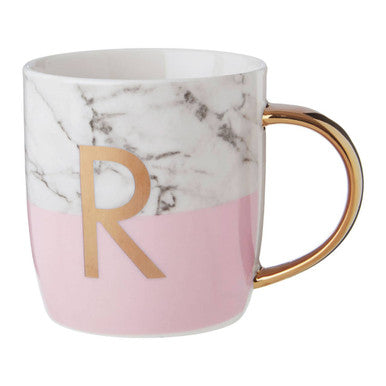 Orsina Monogram Mug – Frosted Marble and Pink Initial R Coffee Cup