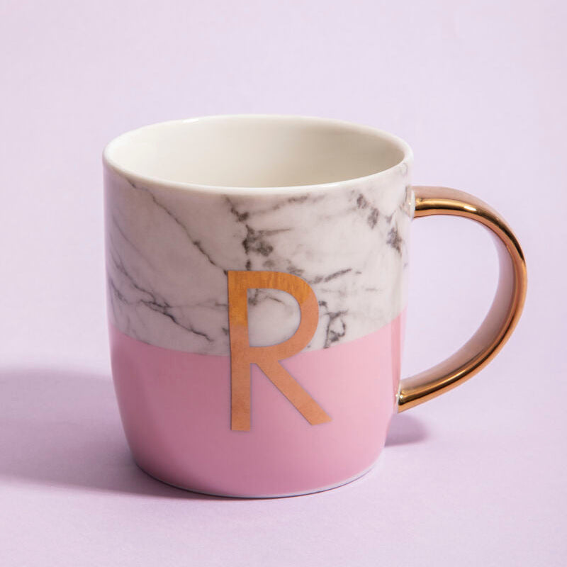 Orsina Monogram Mug – Frosted Marble and Pink Initial R Coffee Cup