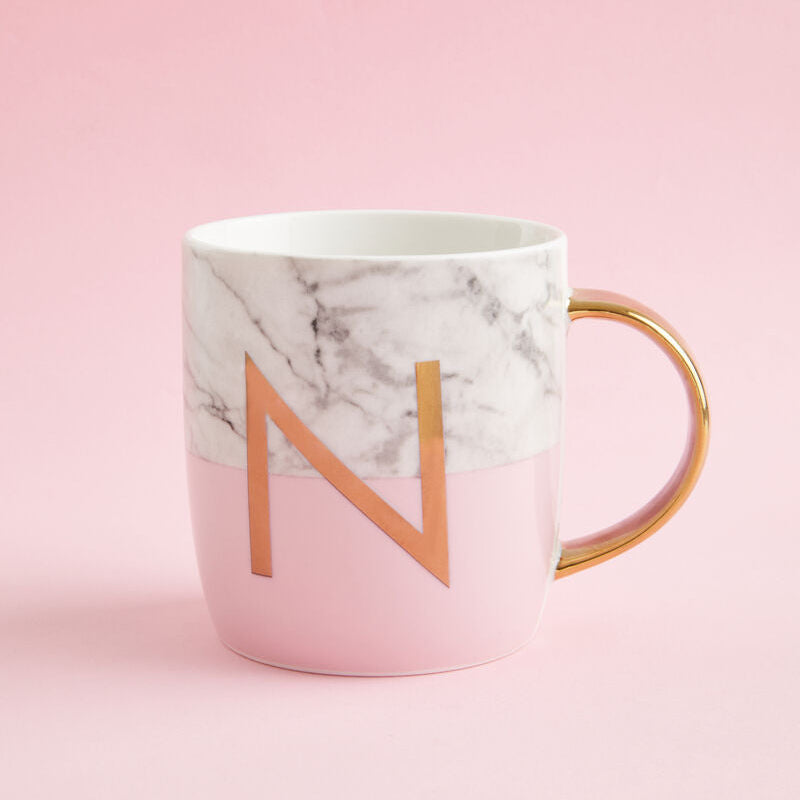 Orsina Monogram Mug – Letter N Frosted Marble and Pink Initial Mug
