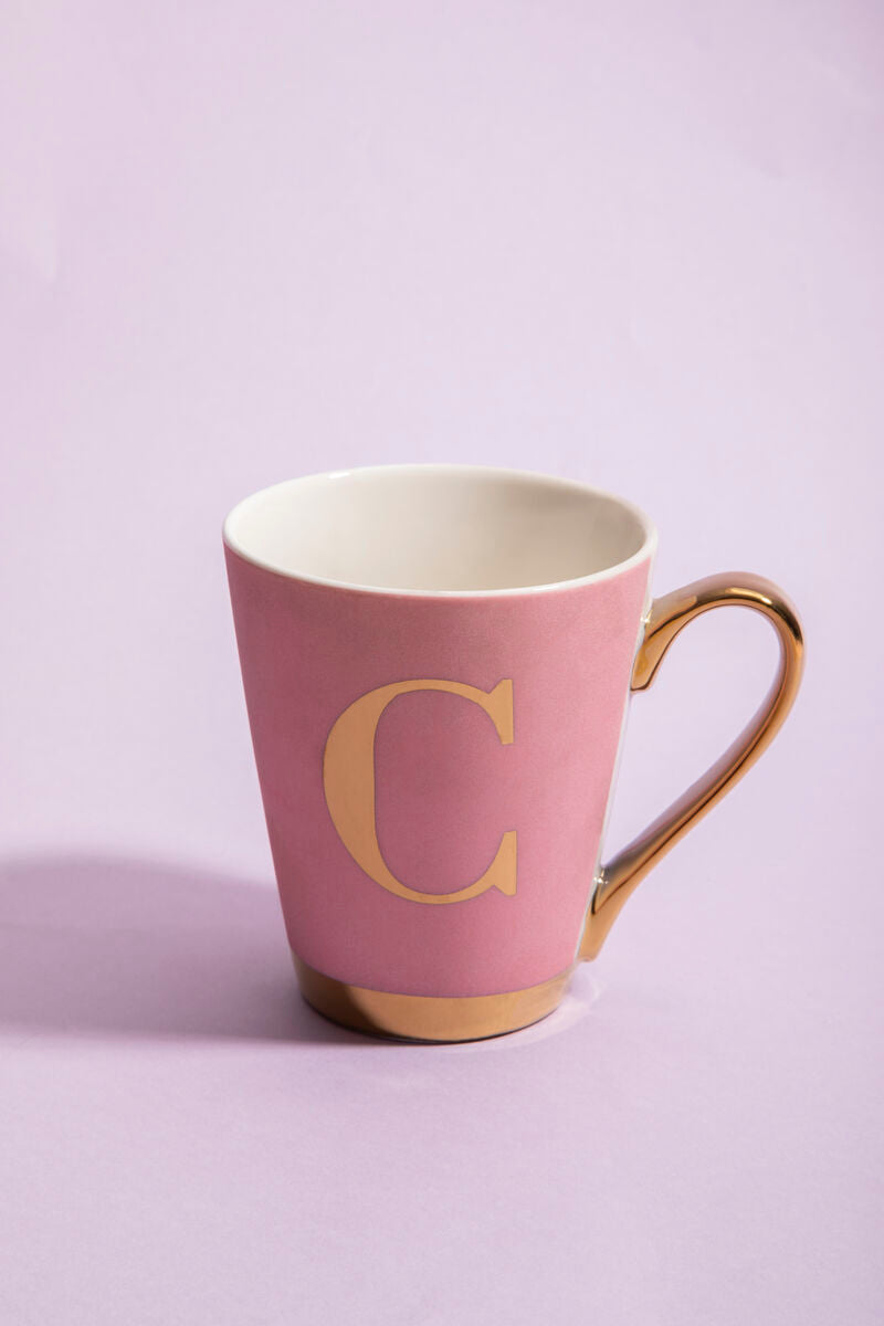 Orsina Frosted Deco Pink Monogram Mug - Letter C Ceramic Coffee Cup