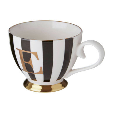 Orsina Monogram Mug E – Black and White Striped Bone China Coffee Cup