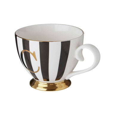 Orsina C Monogram Mug – Black and White Striped Bone China Coffee Cup