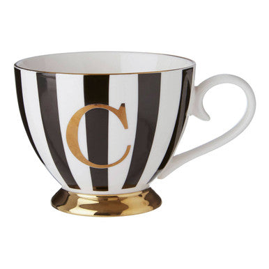 Orsina C Monogram Mug – Black and White Striped Bone China Coffee Cup