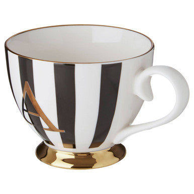 Orsina Monogram Mug A – Black and White Striped Bone China Coffee Cup