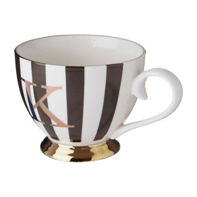 Orsina Monogram Mug K – Black and White Striped Bone China Coffee Cup