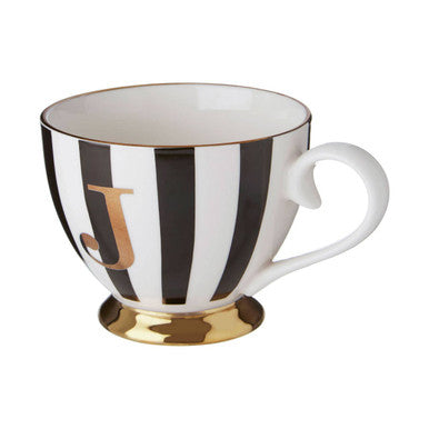 Orsina Monogram Mug – J Initial Black and White Bone China with Gold Base