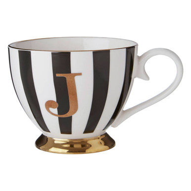 Orsina Monogram Mug – J Initial Black and White Bone China with Gold Base