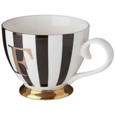 Orsina Monogram Mug – Black and White Striped Bone China Cup, Initial F