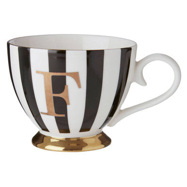 Orsina Monogram Mug – Black and White Striped Bone China Cup, Initial F