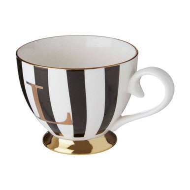 Orsina Monogram Mug L | Black and White Striped Bone China Coffee Cup