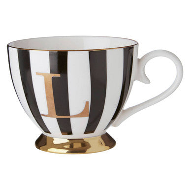 Orsina Monogram Mug L | Black and White Striped Bone China Coffee Cup