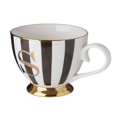 Orsina Monogram Mug S – Black and White Striped Bone China Cup