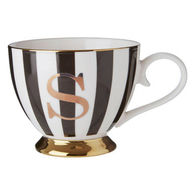 Orsina Monogram Mug S – Black and White Striped Bone China Cup