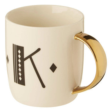 Orsina Monogram Mug – Diamond Deco White Ceramic Cup with Gold Handle, K