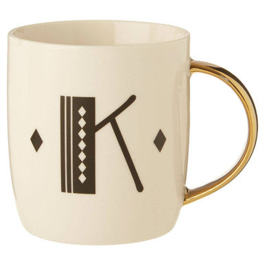 Orsina Monogram Mug – Diamond Deco White Ceramic Cup with Gold Handle, K