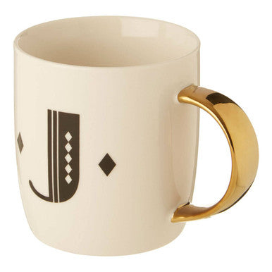 Orsina Diamond Deco Monogram Mug – White Ceramic Initial J Gold Handle