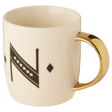 Orsina Monogram Mug – Diamond Deco White Ceramic Cup with Gold Handle, N