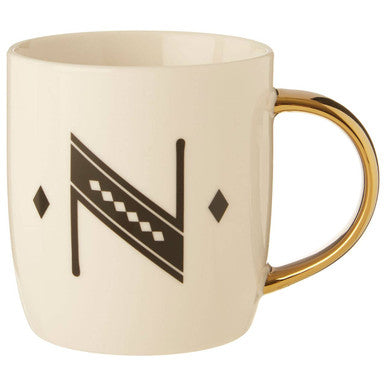 Orsina Monogram Mug – Diamond Deco White Ceramic Cup with Gold Handle, N
