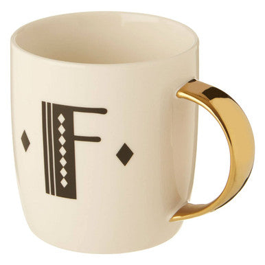 Orsina Diamond Deco Monogram Mug - White Ceramic with Gold Handle, F