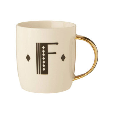 Orsina Diamond Deco Monogram Mug - White Ceramic with Gold Handle, F